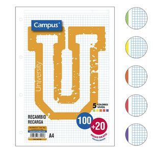 121403 RECAMBIO A4 CUDRICULA 4 MM, 120 HOJAS BANDA 5 COLORES VIVOS 90 GRS. CAMPUS