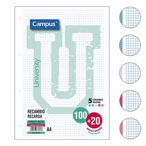 121404 RECAMBIO A4 CUDRICULA 4 MM, 120 HOJAS BANDA 5 COLORES PASTEL 90 GRS. CAMPUS