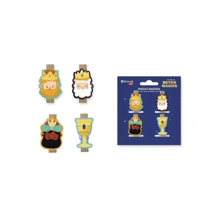 123128 pack de 4 pinzas de madera decoradas con reyes magos